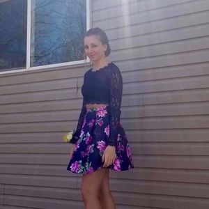 Dark blue two piece prom dress w/floral skirt